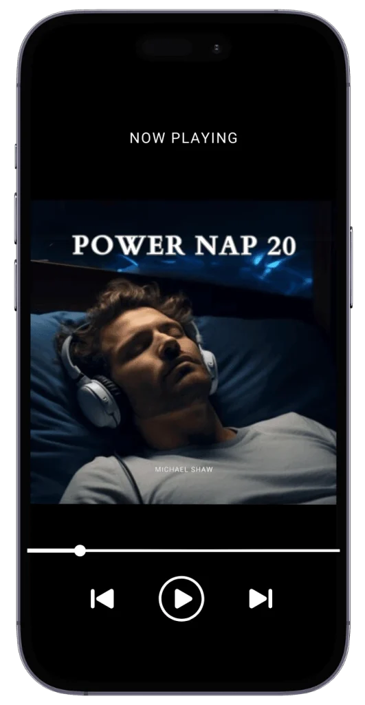 Power Nap 20 audio bonus from Nidra Abundance Code shown on a smartphone screen – guided track by Michael Shaw to enhance clarity, restore energy, and support manifestation during short rest periods.
