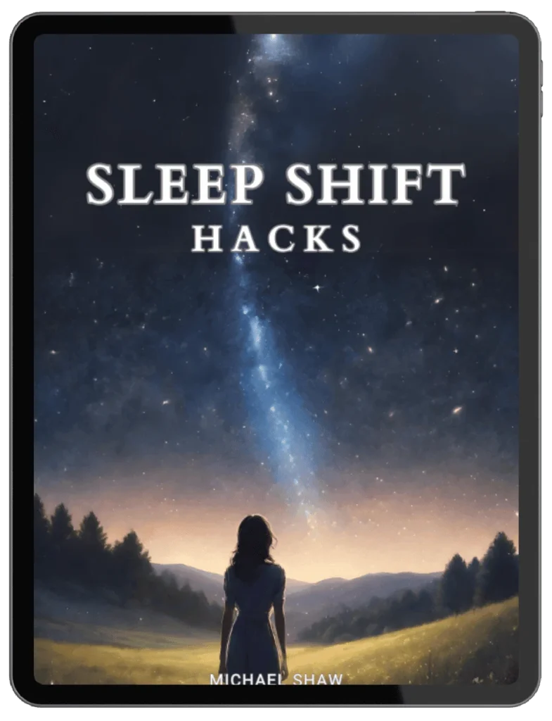 Sleep Shift Hacks bonus from Nidra Abundance Code by Michael Shaw – digital eBook shown on tablet screen, offering lifestyle tips to improve sleep and boost manifestation results