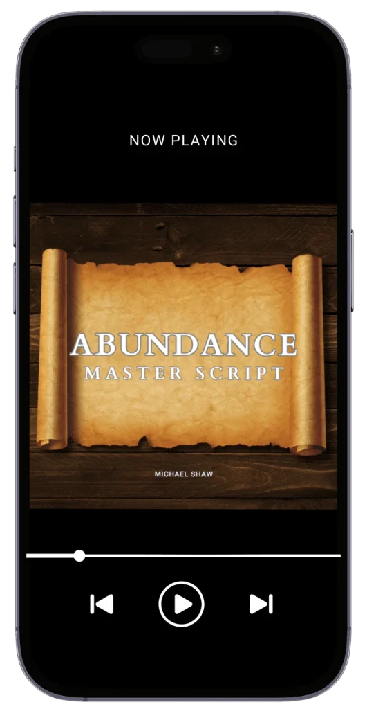 Abundance Master Script audio cover shown on smartphone screen – a bonus guide from the Nidra Abundance Code by Michael Shaw designed to reinforce wealth mindset and manifestation.