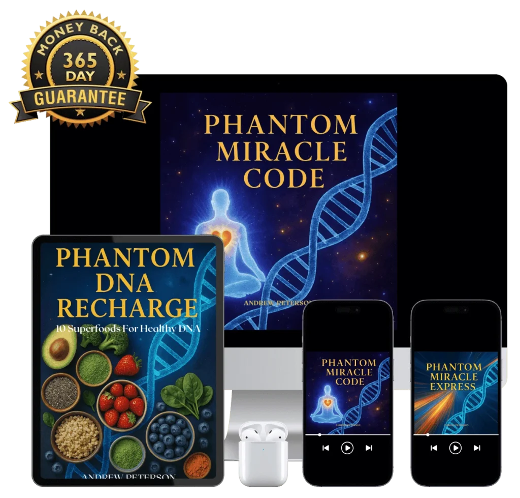 Phantom Miracle Code complete digital package including Phantom DNA Recharge eBook, audio programs, and mobile access, featuring 365-day money-back guarantee badge – manifestation and DNA healing program by Andrew Peterson