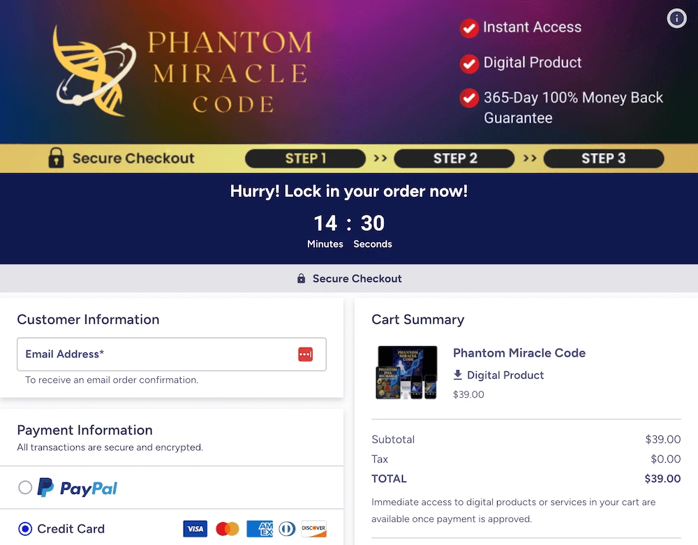 Phantom Miracle Code secure checkout page showing $39 pricing, instant access, digital product details, and 365-day money-back guarantee with PayPal and credit card payment options