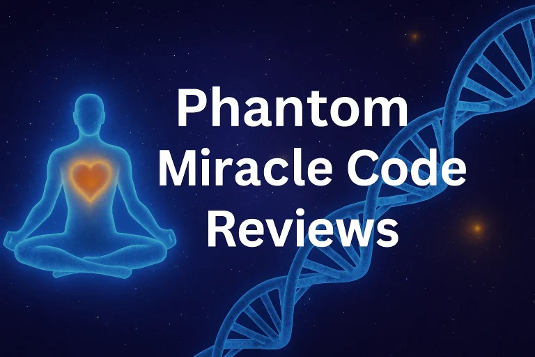 Phantom Miracle Code Reviews – Horizontal banner with cosmic background, DNA strands, and meditation silhouette representing manifestation, mind-body healing, and frequency-based self-transformation program