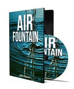 Air Fountain System review cover image showing DIY water generator guide by John Gilmore, featuring water splash design on book and DVD mockup.