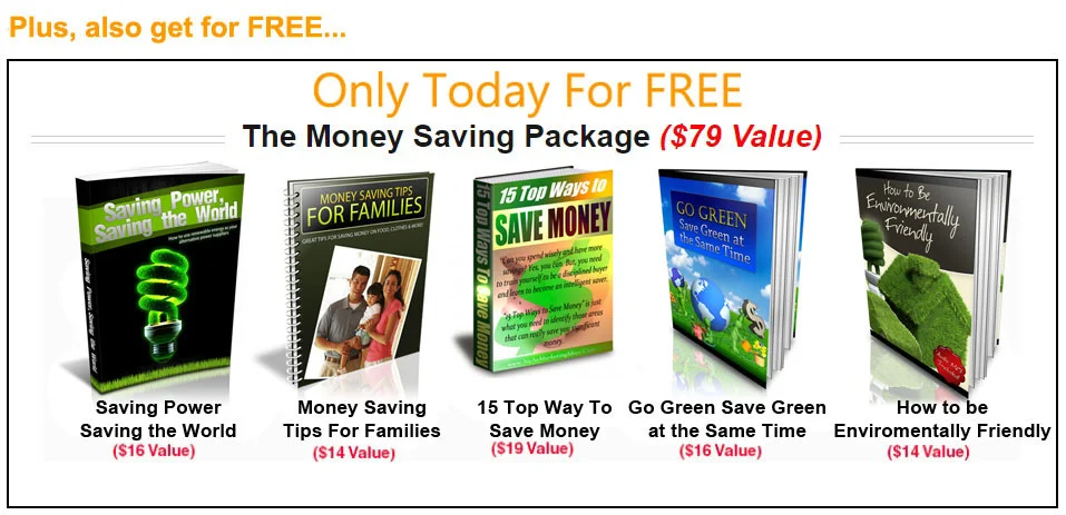 Money Saving Package with guides on saving power, going green, and cutting costs.