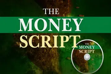 The Money Script product cover and CD displayed with green and gold financial-themed background.