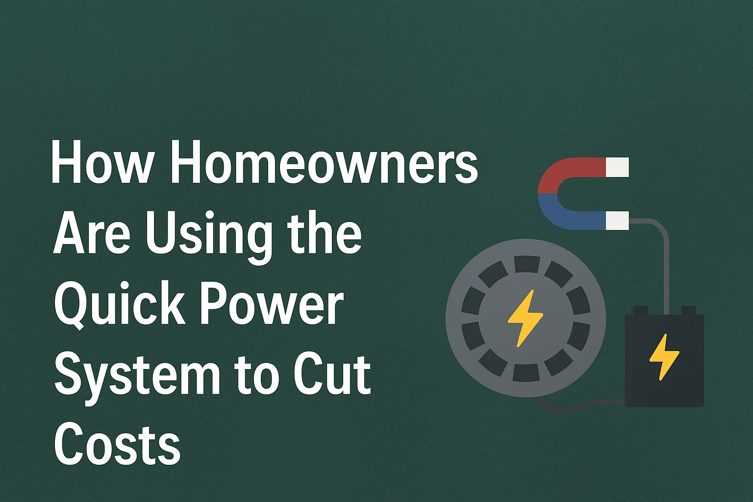 Image showing the title “How Homeowners Are Using the Quick Power System to Cut Costs” with illustrated icons of a magnet, generator, and battery symbolizing home energy savings.