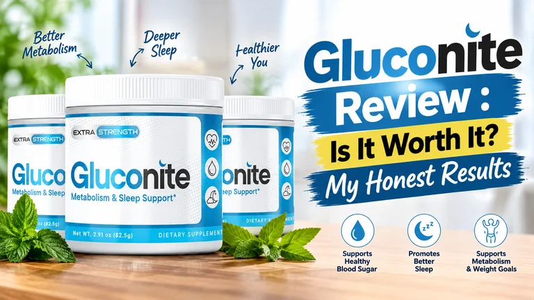 Gluconite Review product bottles with text asking if it is worth it and highlighting honest results, metabolism, sleep, and blood sugar support.