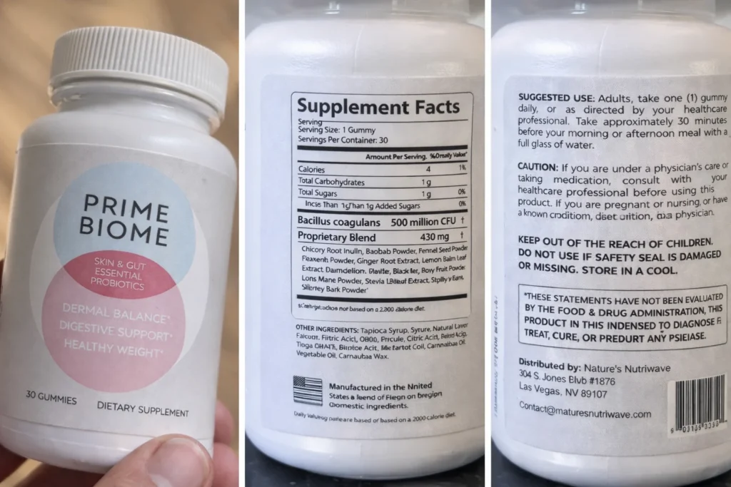 Primebiome Product details with ingredient list 