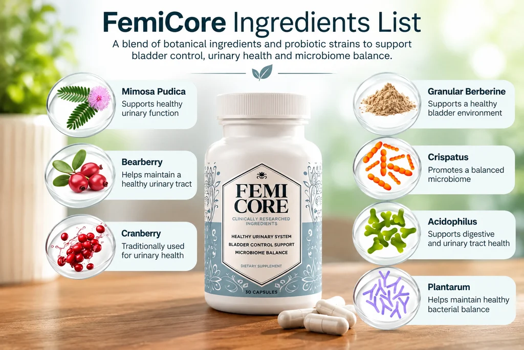 FemiCore ingredients list featuring Mimosa Pudica, Bearberry, Cranberry, Granular Berberine, and three Lactobacillus probiotic strains.