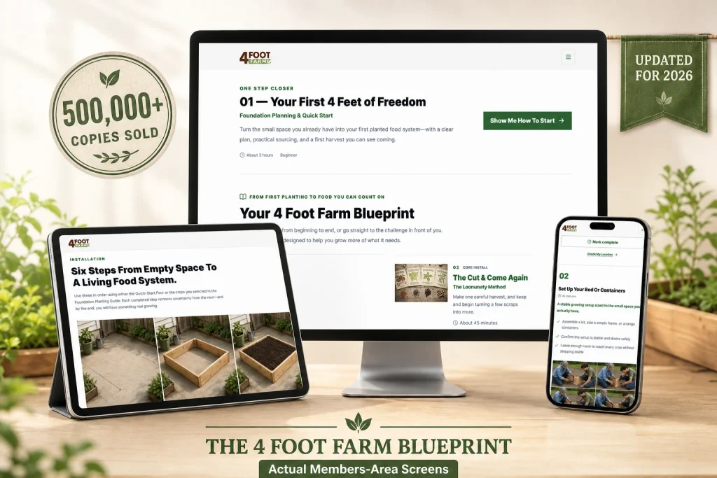 4 Foot Farm Blueprint members area shown on computer, tablet, and smartphone