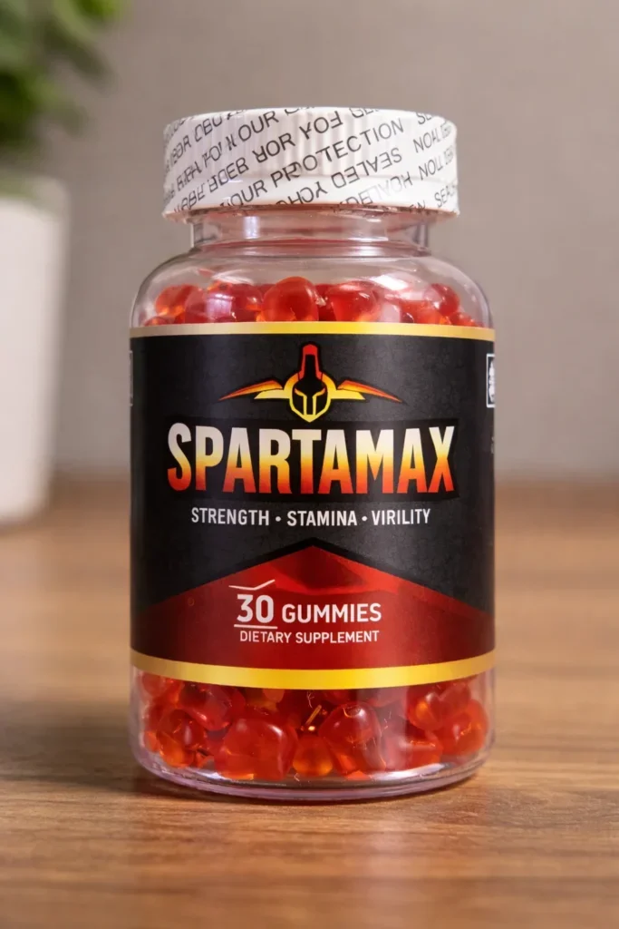SpartaMax bottle with 30 red gummies labeled as a dietary supplement for strength, stamina, and vitality.