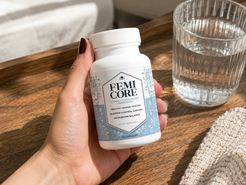 FemiCore supplement bottle held in a hand beside a glass of water on a wooden table in natural light.
