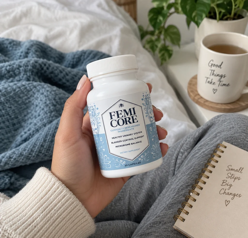 FemiCore supplement bottle held in hand during a natural self-care moment at home, with a cozy bed, tea, and plant in the background.