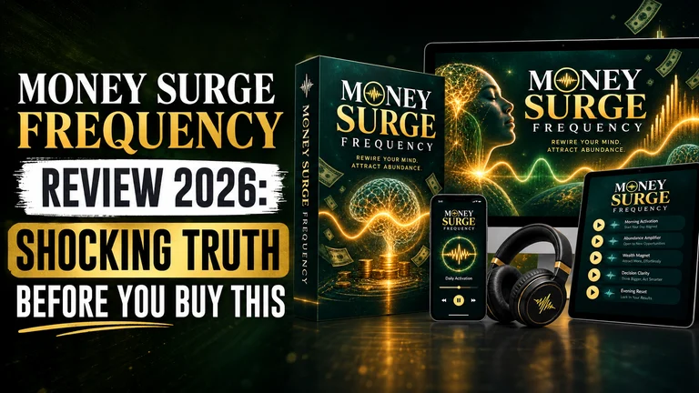Money Surge Frequency Review 2026 promotional graphic featuring the Money Surge Frequency product box, digital devices, headphones, and headline about the shocking truth before buying.