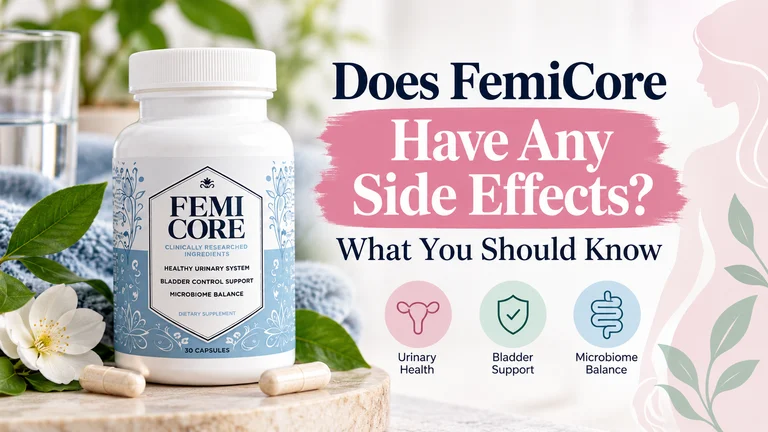 FemiCore supplement bottle with text about potential side effects and what users should know.