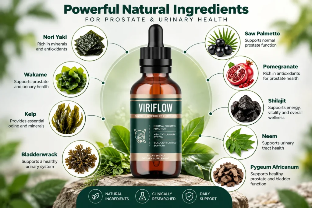 ViriFlow ingredients infographic showing Nori Yaki, Wakame, Kelp, Bladderwrack, Saw Palmetto, Pomegranate, Shilajit, Neem, and Pygeum Africanum around the ViriFlow bottle.
